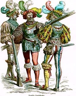 lansquenets et mousquetaires allemands, on remarque la forme typique de la crosse des arquebuses allemandes